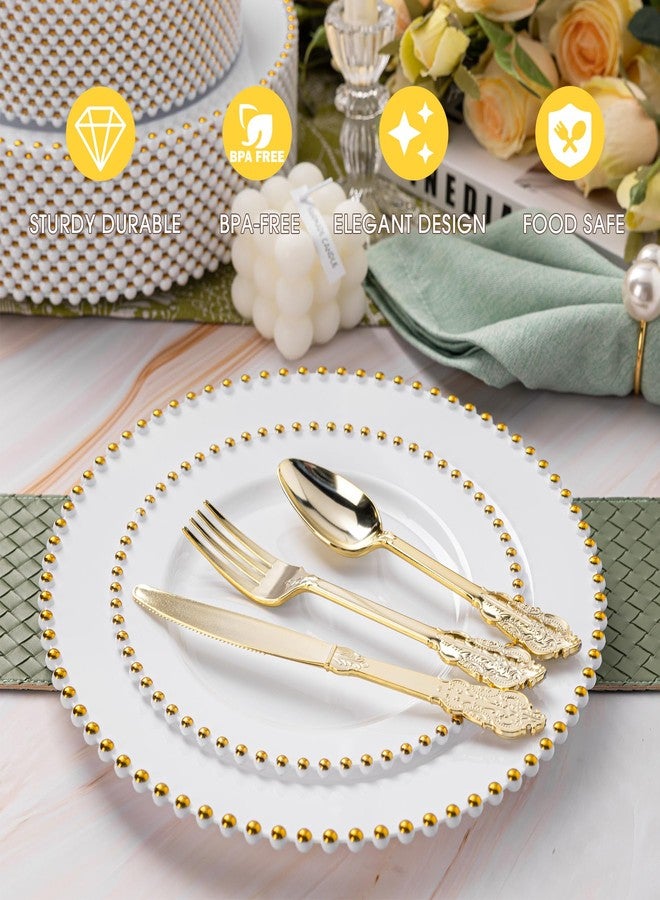 HOMIP 75Pcs Gold Plastic Dinnerware Set - Pearl-Beaded Rim Plates & Baroque Forks, Spoons, Knives, Perfect for Elegant Wedding, Banquet & Party - Image 5