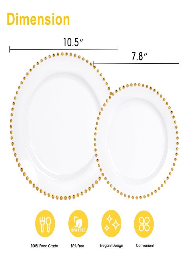 HOMIP 75Pcs Gold Plastic Dinnerware Set - Pearl-Beaded Rim Plates & Baroque Forks, Spoons, Knives, Perfect for Elegant Wedding, Banquet & Party - Image 3