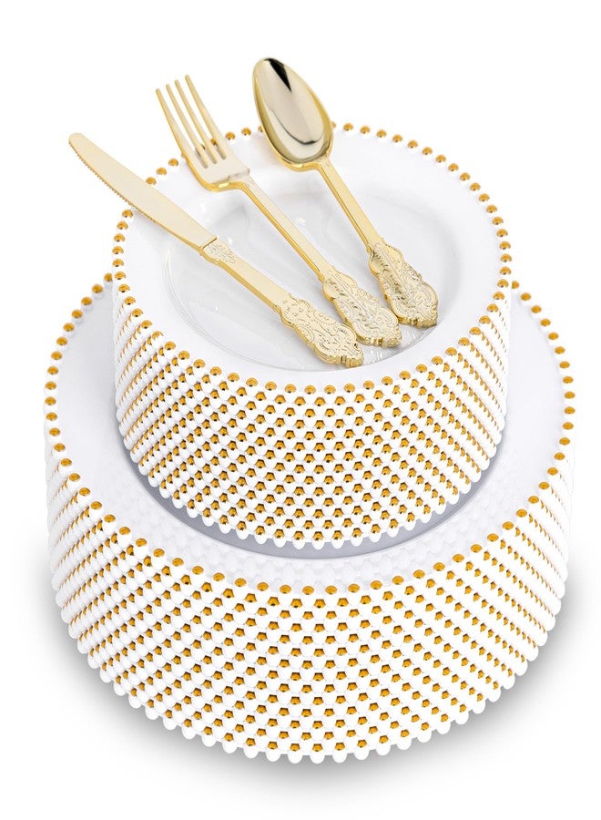 HOMIP 75Pcs Gold Plastic Dinnerware Set - Pearl-Beaded Rim Plates & Baroque Forks, Spoons, Knives, Perfect for Elegant Wedding, Banquet & Party - Image 1