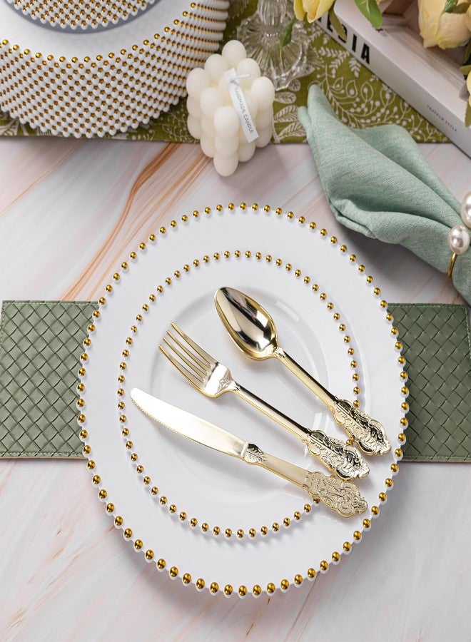 HOMIP 75Pcs Gold Plastic Dinnerware Set - Pearl-Beaded Rim Plates & Baroque Forks, Spoons, Knives, Perfect for Elegant Wedding, Banquet & Party - Image 4