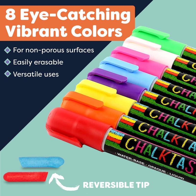 Chalktastic Chalkboard Markers Set of 8 Washable, Erasable Chalk Ink Dry Erase Pens for School, Chalkboard Menu Board & Glass Car Window - Neon, Pastel, White Chalk Pens - Gifts for Artists - Image 2