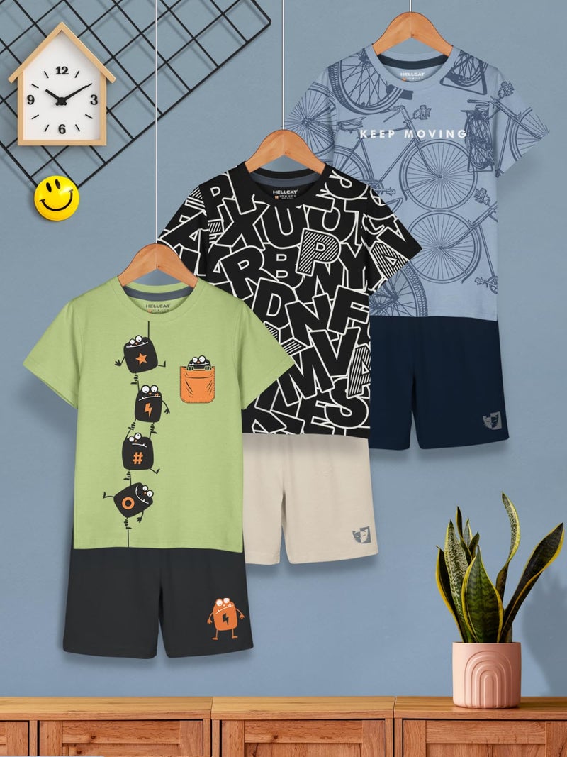 HELLCAT Cotton Blend Boys Dress Clothing Set Combo with Tshirts & Shorts - Pack 3 Green/Black/Bluish Grey 3-4 Years, Printed - Image 2