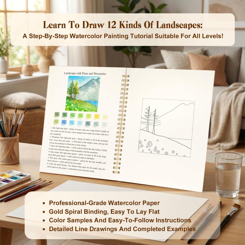 BLAAROOM Watercolor Workbook for Adults, Beginner Friendly Water Coloring Book 12 Different Scenery Patterns Sketch Illustration Water Color Painting Book for Art Practice Gift - Image 3