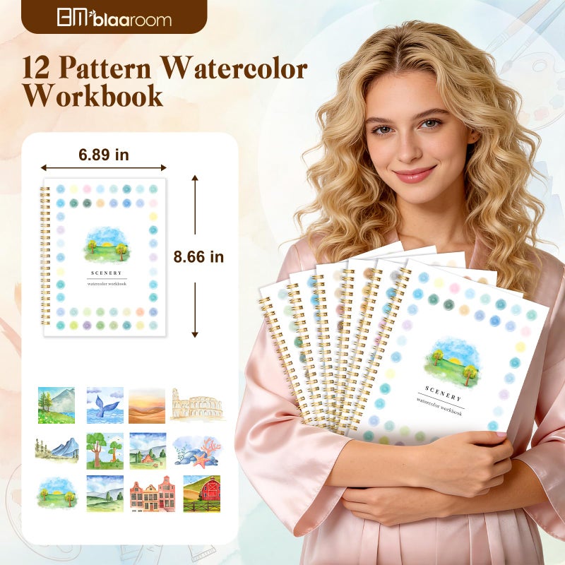 BLAAROOM Watercolor Workbook for Adults, Beginner Friendly Water Coloring Book 12 Different Scenery Patterns Sketch Illustration Water Color Painting Book for Art Practice Gift - Image 4
