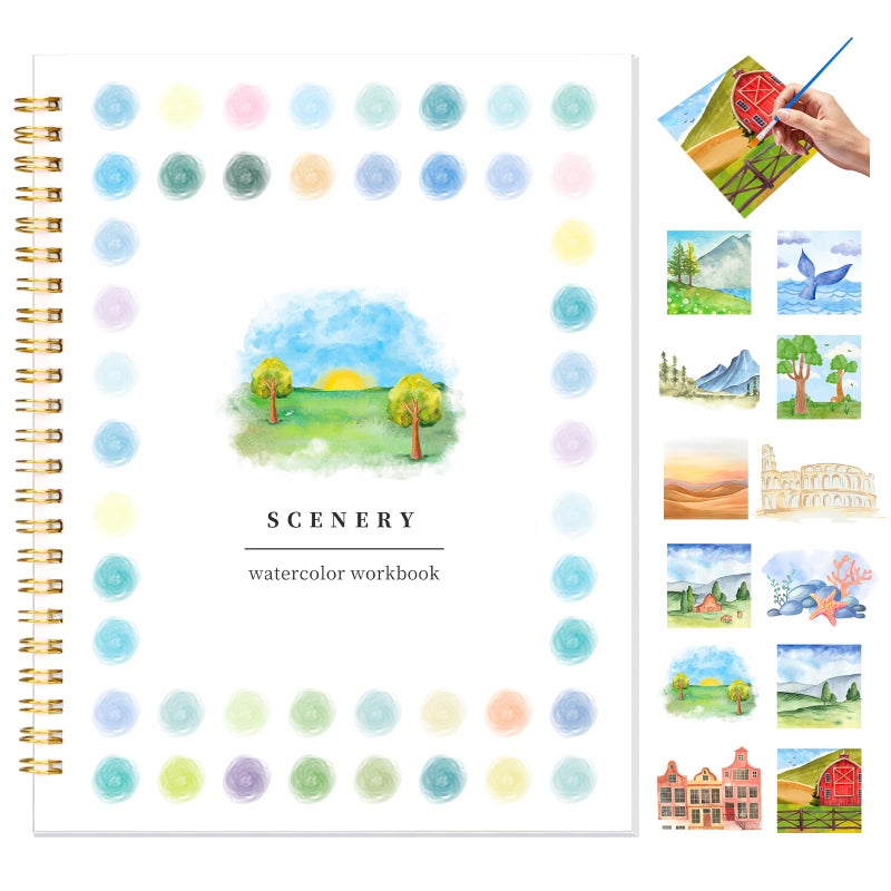BLAAROOM Watercolor Workbook for Adults, Beginner Friendly Water Coloring Book 12 Different Scenery Patterns Sketch Illustration Water Color Painting Book for Art Practice Gift - Image 1