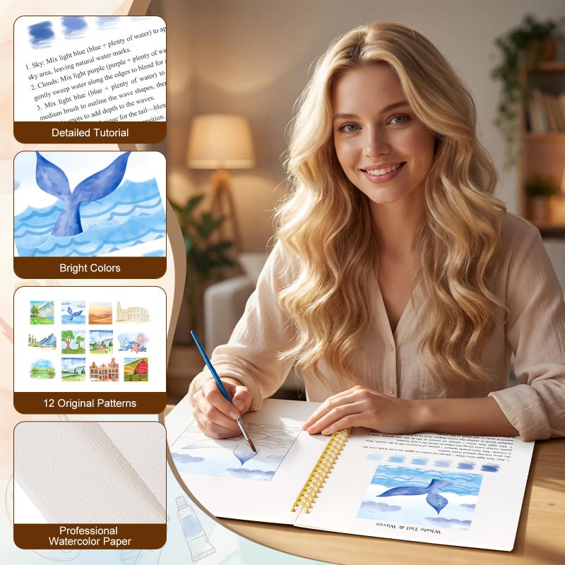 BLAAROOM Watercolor Workbook for Adults, Beginner Friendly Water Coloring Book 12 Different Scenery Patterns Sketch Illustration Water Color Painting Book for Art Practice Gift - Image 2