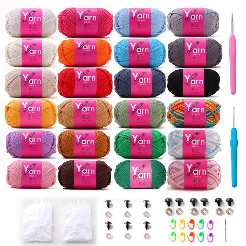 Sekafris 24 Pack Crochet Yarn Beginner Black White Orange Red Green Rainbow Pink Cotton Chunky Yarn with EasytoSee Stitches Beginner Yarn for Crocheting Amigurumi Yarn Set - Image 2