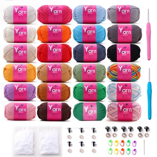 Sekafris 24 Pack Crochet Yarn Beginner Black White Orange Red Green Rainbow Pink Cotton Chunky Yarn with EasytoSee Stitches Beginner Yarn for Crocheting Amigurumi Yarn Set - Image 1