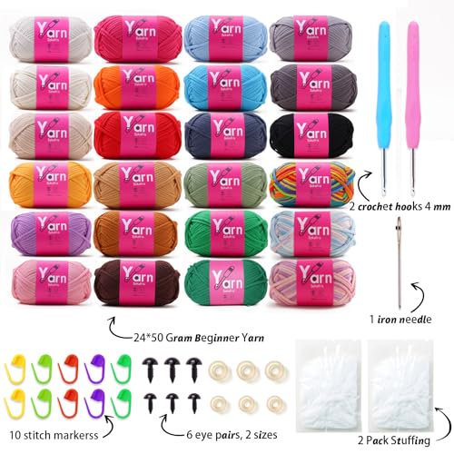 Sekafris 24 Pack Crochet Yarn Beginner Black White Orange Red Green Rainbow Pink Cotton Chunky Yarn with EasytoSee Stitches Beginner Yarn for Crocheting Amigurumi Yarn Set - Image 3