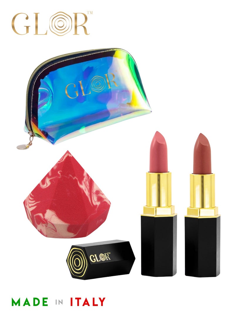Glor Endless Charm Lipstick– Intense Long-Lasting Color, Luxurious Moisture, Ultra-Creamy Formula for Beautiful Lips-Affogato + Whispering Rose + 1 Beauty Blender + 1 Cosmetic Bag - Image 1