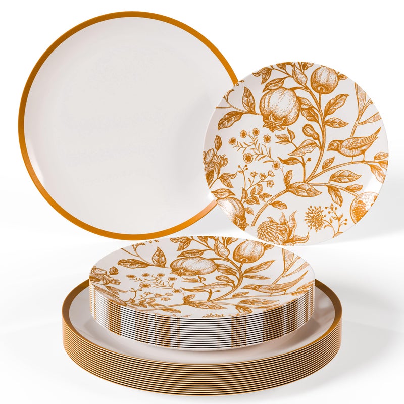 Trendables 40 Piece Plastic Disposable Plates Set For 20 Guests I 20 X 8 Inch Dessert Plates 20 X 10 Inch Disposable Plastic Plates Thanksgiving Plates White Brown Pomegranate Design - Image 3