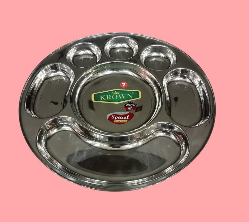 KROWN® Stainless Steel Heavy Duty Round Plate - 7 Partition Divided, Lunch/Dinner/Bhojan/Thali Plates - 1 Unit - Diameter - 36cm - Image 2