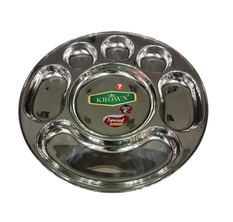 KROWN® Stainless Steel Heavy Duty Round Plate - 7 Partition Divided, Lunch/Dinner/Bhojan/Thali Plates - 1 Unit - Diameter - 36cm - Image 1