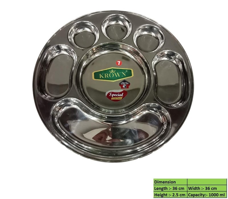 KROWN® Stainless Steel Heavy Duty Round Plate - 7 Partition Divided, Lunch/Dinner/Bhojan/Thali Plates - 1 Unit - Diameter - 36cm - Image 4