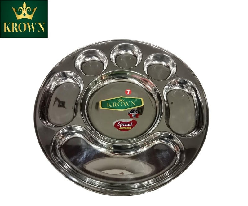 KROWN® Stainless Steel Heavy Duty Round Plate - 7 Partition Divided, Lunch/Dinner/Bhojan/Thali Plates - 1 Unit - Diameter - 36cm - Image 3
