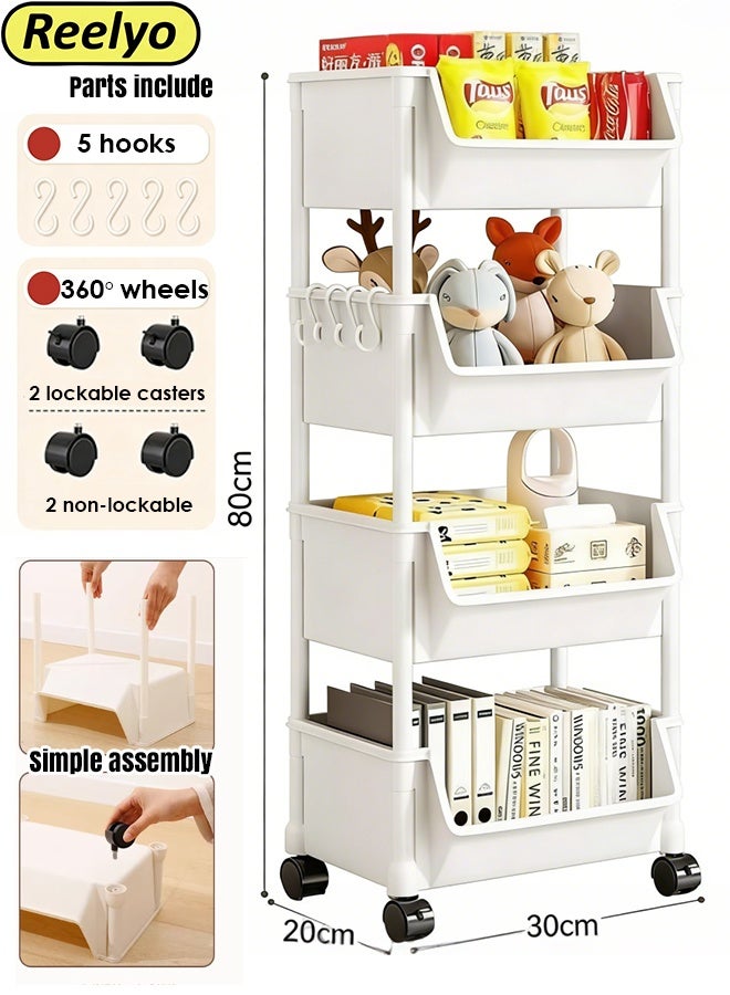 Reelyo 4-Tier Lightweight Rolling Utility Storage Cart with 360° Rotating Lockable Casters Wheels, Space-Saving Movable Trolley, Multi-Scene Organizer, Multi-Functional Storage Trolley for Office Supplies Home Kitchen Utensils Bathroom Toiletries Living Room Nursery and Small Space Organization - Image 1