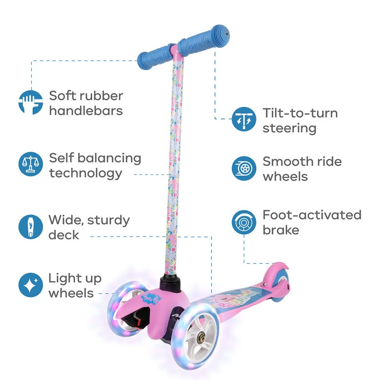 SAKAR Peppa Pig Self Balancing Kick Scooter with Light Up Wheels, Extra Wide Deck, 3 Wheel Platform, Foot Activated Brake, 75 lbs Limit, Kids & Toddlers Girls or Boys, for Ages 3 and Up (AST483084-BLU-STK-1) - Image 2
