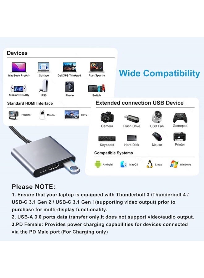 موزع 3 في 1 من النوع C، USB من النوع C إلى HDTV 4K + Type-C PD 100W شحن سريع + USB 3.0 يدعم نقل البيانات بسرعة عالية تصل إلى 5 جيجابت في الثانية (5120 ميجابت في الثانية) محول متعدد المنافذ - Image 4