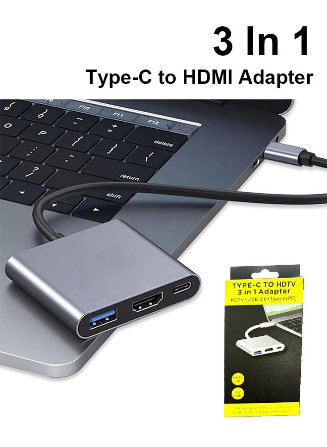 موزع 3 في 1 من النوع C، USB من النوع C إلى HDTV 4K + Type-C PD 100W شحن سريع + USB 3.0 يدعم نقل البيانات بسرعة عالية تصل إلى 5 جيجابت في الثانية (5120 ميجابت في الثانية) محول متعدد المنافذ - Image 1