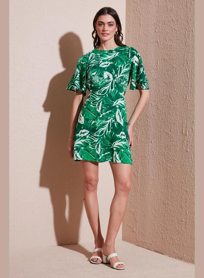 Lela Lela Patterned Regular Fit Crew Neck Mini Length Dress Women's DRESS 6789814