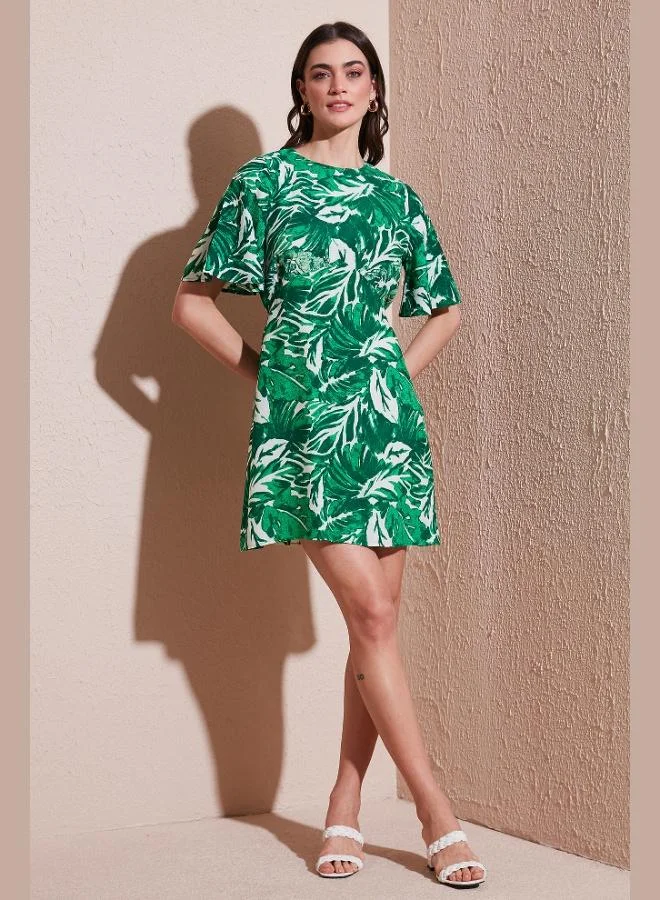 Lela Lela Patterned Regular Fit Crew Neck Mini Length Dress Women's DRESS 6789814