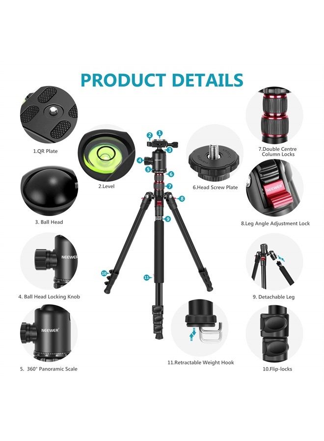 NEEWER 77 inch Camera Tripod Monopod for DSLR with 360° Panoramic Ball Head, 2 Axis Center Column, Arca Type QR Plate, Compact Aluminum Lightweight 18lb Max Load, Carry Bag Included