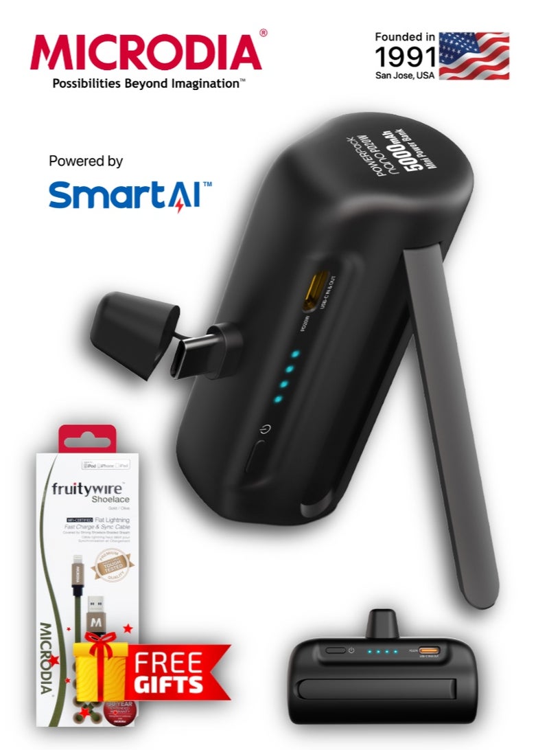 MICRODIA PowerPack Nano Mini 5000mAh Power Bank, PD 40W Portable Charger & Battery Pack Compatible with iPhone 16/15 Series, Samsung S25/S24/S23/S22 Ultra, etc – Black with free Cable for IPhone USB to Lighting - Image 1
