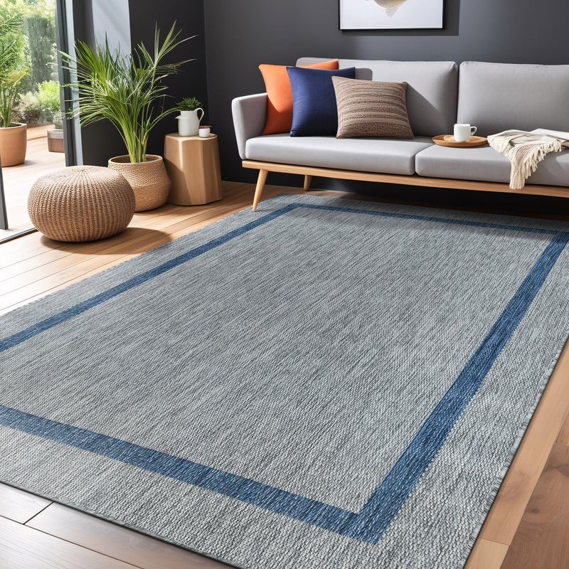 Luul Home Bordered Outdoor Rug 5x7 Washable Outside Carpet for Indoor Patio Porch Waterproof Easy Cleaning Non Shedding Area Rugs Silver Gray - Blue 5 x 7 - Image 4