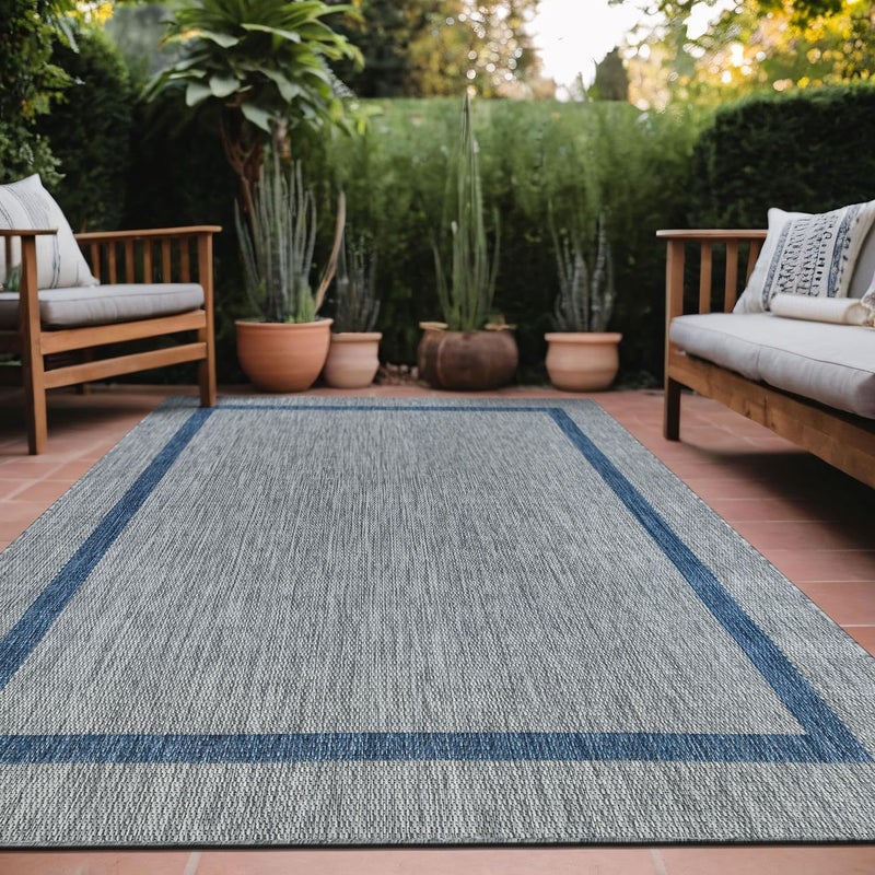 Luul Home Bordered Outdoor Rug 5x7 Washable Outside Carpet for Indoor Patio Porch Waterproof Easy Cleaning Non Shedding Area Rugs Silver Gray - Blue 5 x 7 - Image 1