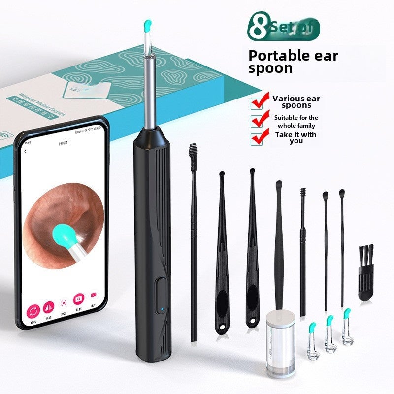 Wholesale cross-border children NE17 visual ear pick ear pick wireless cleaning endoscope HD ear pick artifact(NE17 black split spoon head with 8-piece set) - Image 1