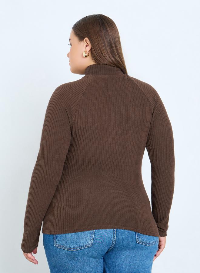 Styli Plus Size Brown Ribbed Knit Top - Image 4