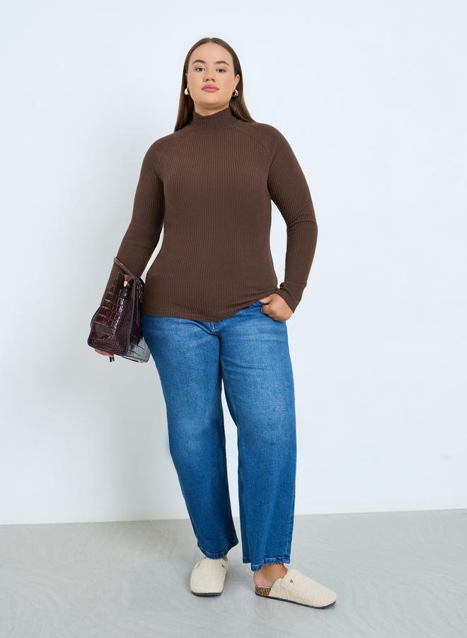 Styli Plus Size Brown Ribbed Knit Top - Image 2