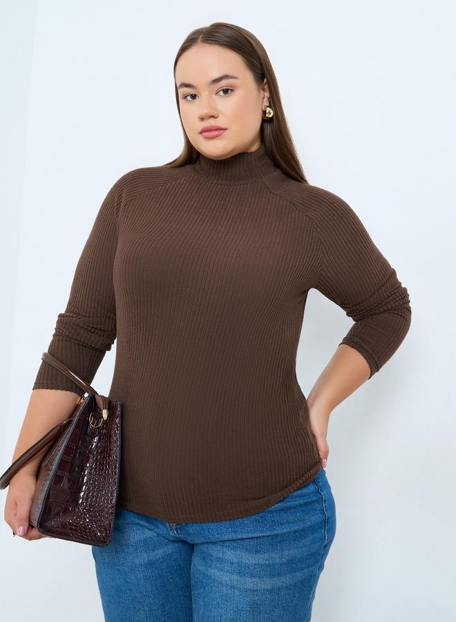 Styli Plus Size Brown Ribbed Knit Top - Image 1