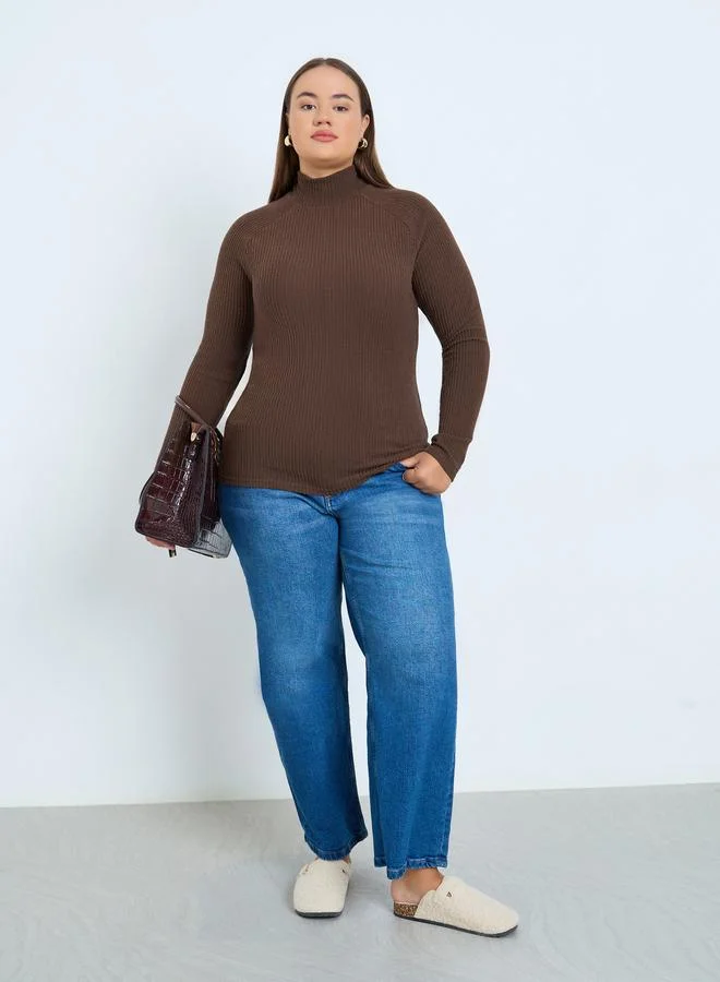 Styli Plus Size Brown Ribbed Knit Top