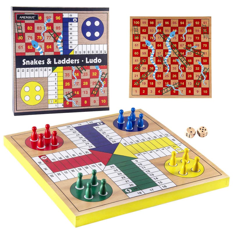 AMEROUS 12 inches Wooden Ludo Board Game Snakes and Ladders 2 in 1 Reversible 14 Players Family Dice Games Set for Kids Adults Classics Tabletop Version Gift Box Packed - Image 2