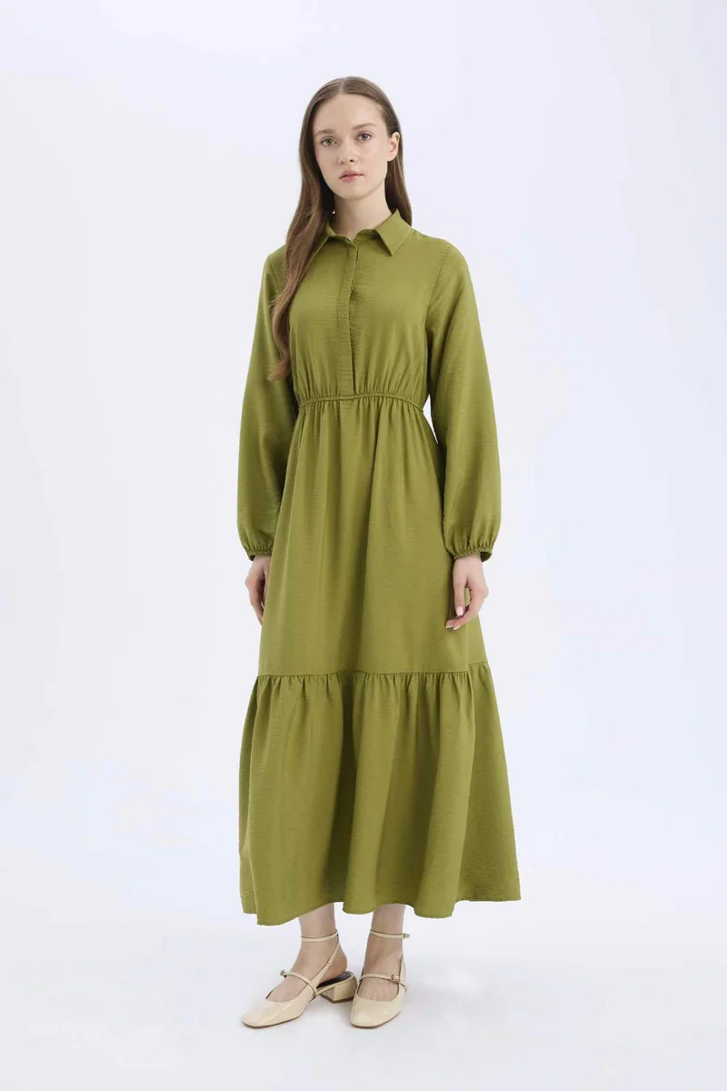 Defacto Shirt Collar Buttoned Waist Gathered Basic Maxi Dress
