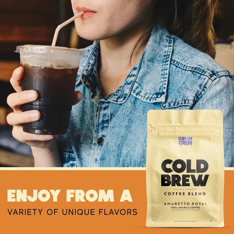 kitchentoolz Birch Glen Roasters Cold Brew Coffee | Flavored Coarse Ground Coffee | Medium Roast | Artisanal Roasting | 100% Arabica |1 LB Bag | Amaretto Royale - Image 4