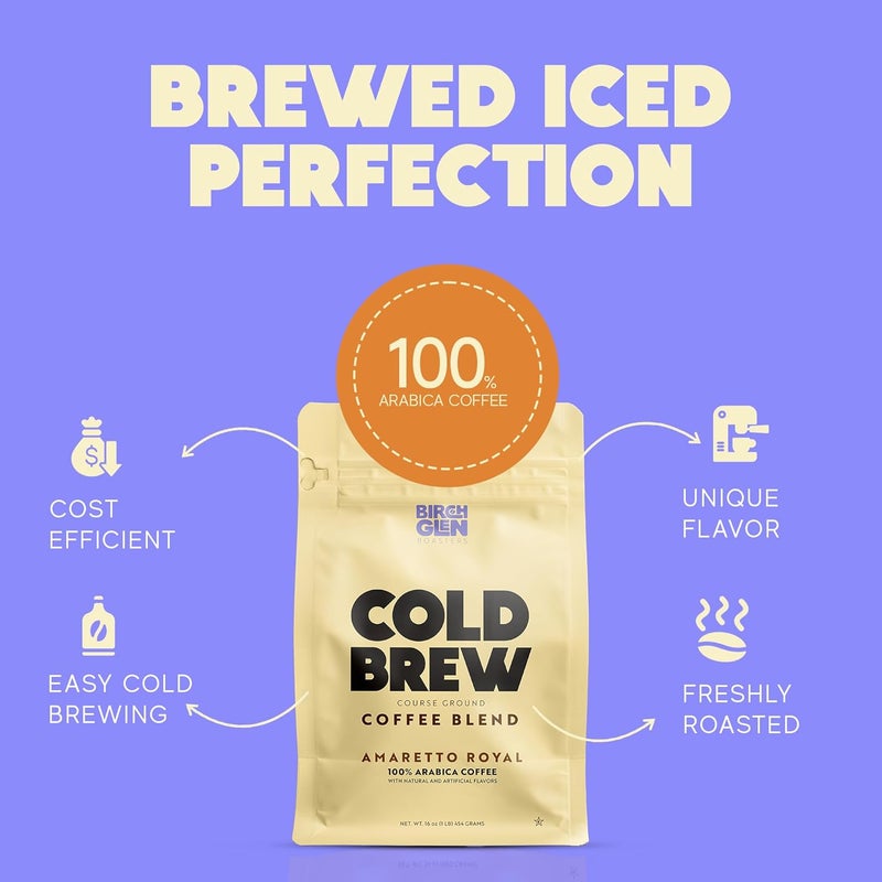 kitchentoolz Birch Glen Roasters Cold Brew Coffee | Flavored Coarse Ground Coffee | Medium Roast | Artisanal Roasting | 100% Arabica |1 LB Bag | Amaretto Royale - Image 3