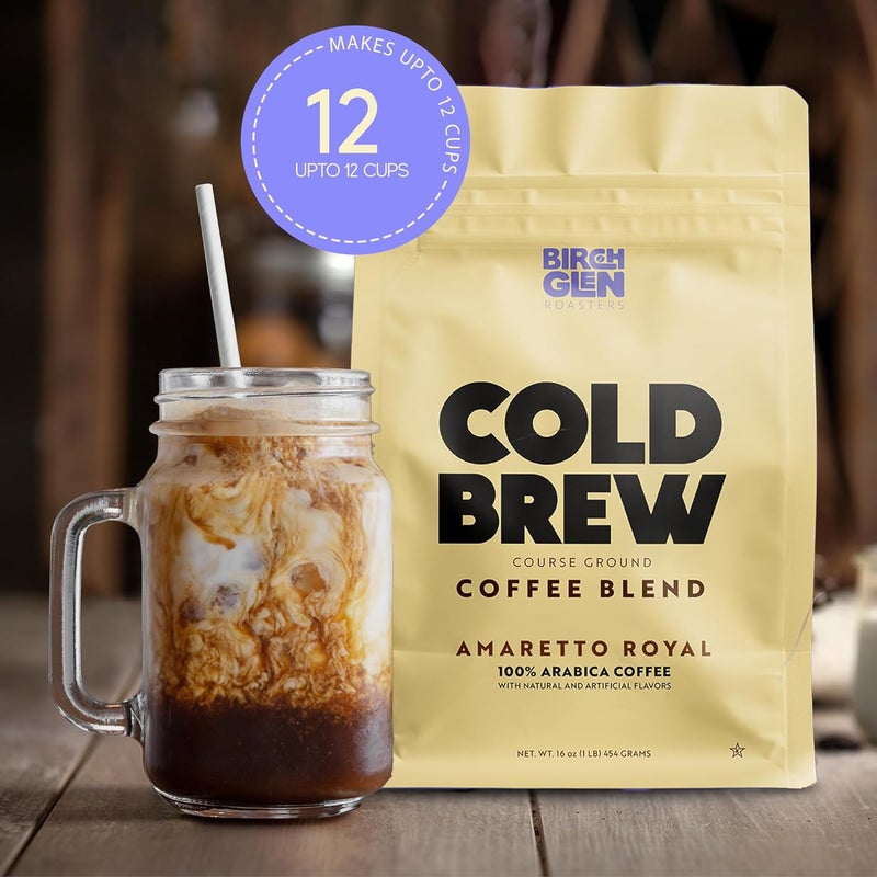 kitchentoolz Birch Glen Roasters Cold Brew Coffee | Flavored Coarse Ground Coffee | Medium Roast | Artisanal Roasting | 100% Arabica |1 LB Bag | Amaretto Royale - Image 2