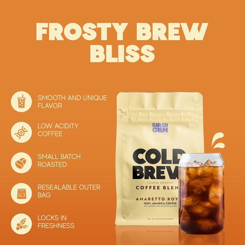 kitchentoolz Birch Glen Roasters Cold Brew Coffee | Flavored Coarse Ground Coffee | Medium Roast | Artisanal Roasting | 100% Arabica |1 LB Bag | Amaretto Royale - Image 5