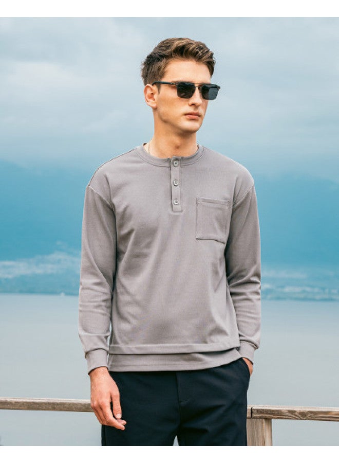 G Heavyweight Henley Neck Long Sleeve T-shirt For Men, Youth 2025 Spring Collection With Pocket Detail And Fake Two-piece Design - Image 1