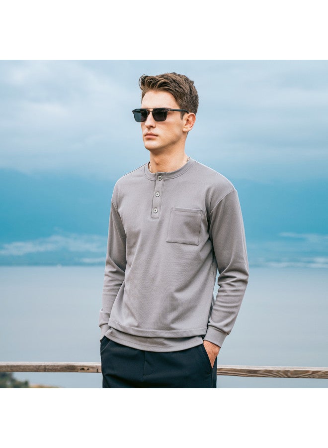 G Heavyweight Henley Neck Long Sleeve T-shirt For Men, Youth 2025 Spring Collection With Pocket Detail And Fake Two-piece Design - Image 3