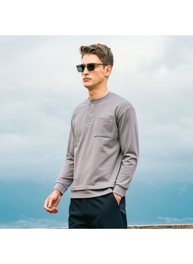 G Heavyweight Henley Neck Long Sleeve T-shirt For Men, Youth 2025 Spring Collection With Pocket Detail And Fake Two-piece Design - Image 5