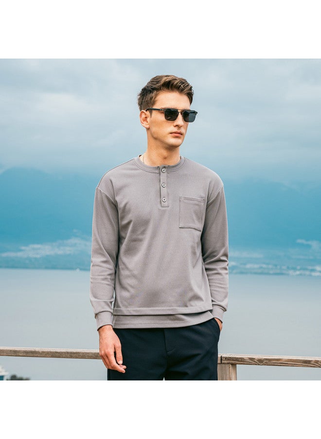 G Heavyweight Henley Neck Long Sleeve T-shirt For Men, Youth 2025 Spring Collection With Pocket Detail And Fake Two-piece Design - Image 2