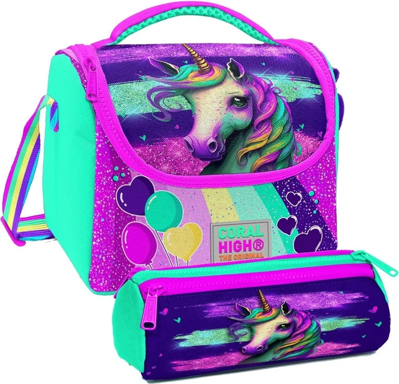 CORAL HIGH Pink Water Green Unicorn Patterned Girl Thermal Insulated Lunch Bag and Pencil Case Set