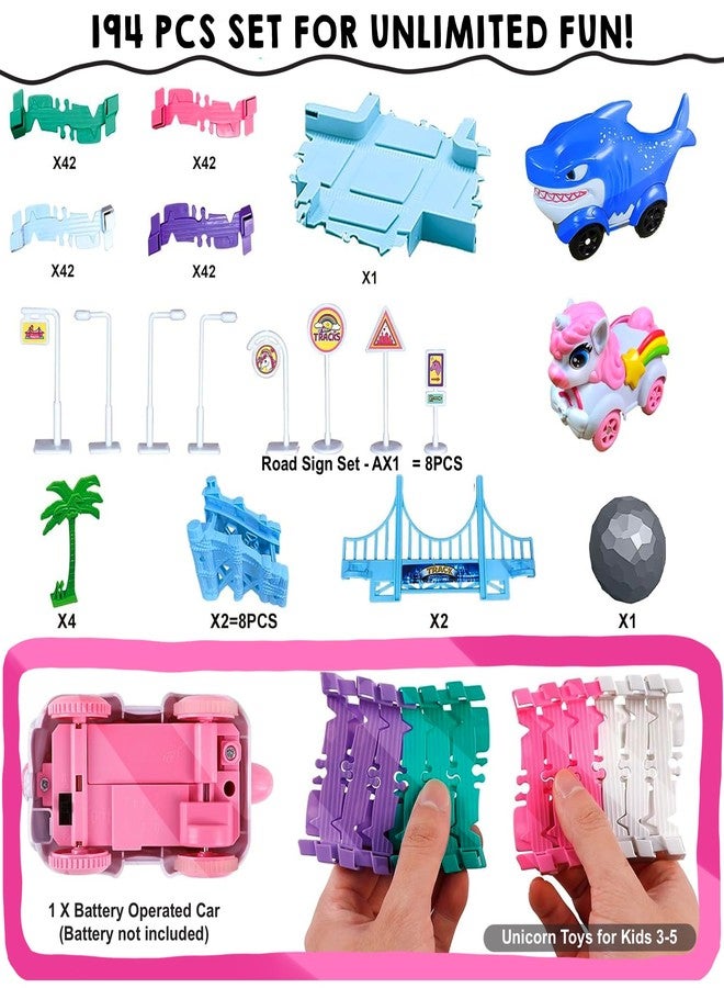 سنابترون مجموعة سيارات سباق سنابترون يونيكورن 194 قطعة للأطفال | مسارات مرنة يمكنك تركيبها بنفسك مع سيارات يونيكورن وسمكة قرش | ألعاب مسارات للأطفال | مجموعة مسارات قطار للبنات | مجموعة قطار للأطفال، ألعاب للبنات من عمر 3 سنوات فما فوق - Image 2