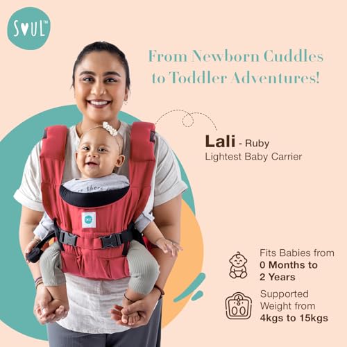 SOULSLINGS 4-in-1 Lali Baby Carrier Bag- Ruby - Cotton | Compact & Lightweight (400g) | Adjustable for 0-24 Months (4-15kg) | Machine Washable & Handwashable | Breastfeeding Friendly - Image 2