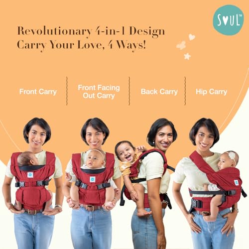 SOULSLINGS 4-in-1 Lali Baby Carrier Bag- Ruby - Cotton | Compact & Lightweight (400g) | Adjustable for 0-24 Months (4-15kg) | Machine Washable & Handwashable | Breastfeeding Friendly - Image 4