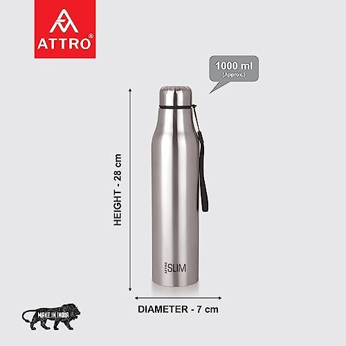 Attro Slim Stainless Steel Single Wall 1000Ml Water Bottle, Light Weighted Leak -Proof Use For Office, School, Outdoor & Gym - Silver - Image 2