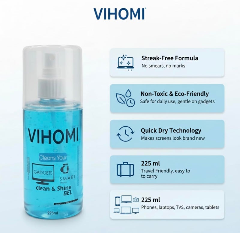 VIHOMI Extra Large 225ml Gel Spray Cleaner with Microfibre Cloth for Laptop, Mackbook,PC, Mobile, Tablet, Camera & All Screens, Safe Streak-Free Deep Cleaning - Image 5